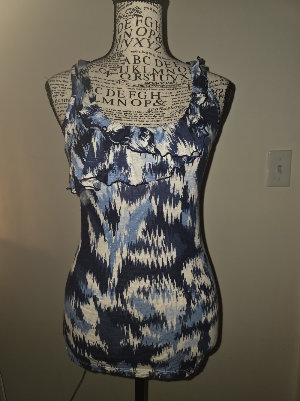 INC International Concepts Blue and White Ruffle Scoop Tank